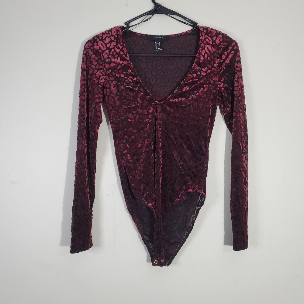 Forever 21 Leopard Velour‎ Mesh Long Sleeve Bodysuit Small Red Black
